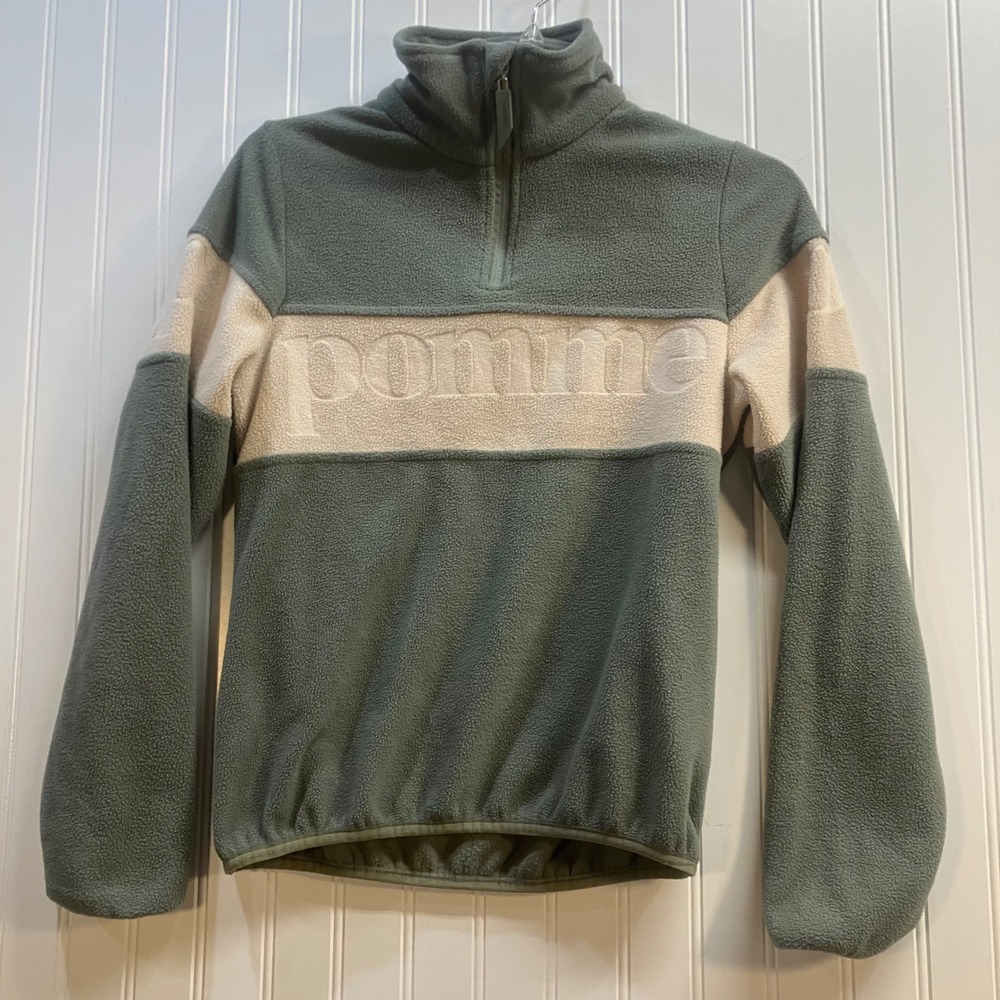 Pomme Equestrian Sage Green Cream Colorblock Quarter Zip Fleece Pullover Small
